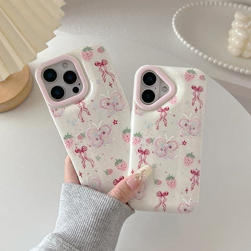 FLIRACON Cute Butterfly Bowknot Strawberry Soft Phone Case Compatible with iPhone Case (White,for iPhone 15 Plus) thumbnail 2