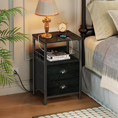 Furologee Nightstand with Charging Station, Black Night Stand with 2 Fabric Drawers, Side Table with USB Ports, End Table with Storage Shelf, for Living Room/Bedroom, Black Oak thumbnail 6