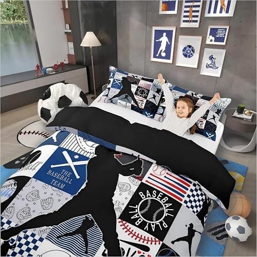 Sports Comforter Set 7-Piece Bed in a Bag Twin Bedding Sets for Boys,Geometric Grid Black Patchwork Baseball Bedding Sets Ball Player Games Comforter and Sheet Set,European Sport Softball Bed Set,Blue thumbnail 2