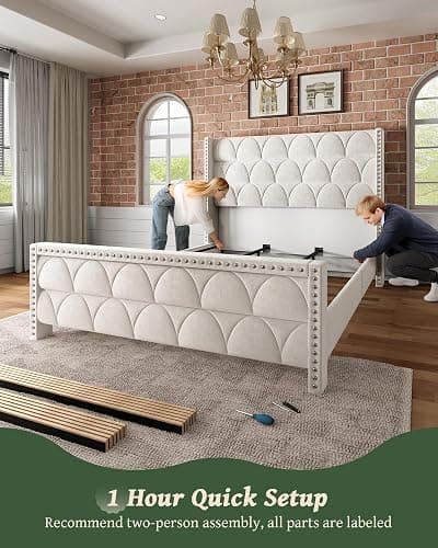 OHOHOLIVE King Size Bed Frame with 56" Headboard - Velvet Upholstered Wingback Platform Bed Frame, Noise Free, Sturdy Wooden Slat Support (Cream, King) thumbnail 7