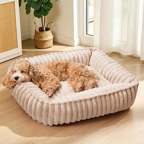 Jolifield Small Dog Bed Calming Cat Bed for Indoor Cats 20’’x16’’ Khaki | Rectangle Plush Orthopedic Pet Sofa Bed, Washable Anti-Anxiety Soft Puppy Couch, Nonskid Bottom Furry Cuddler Up To 7 lbs - Image 1