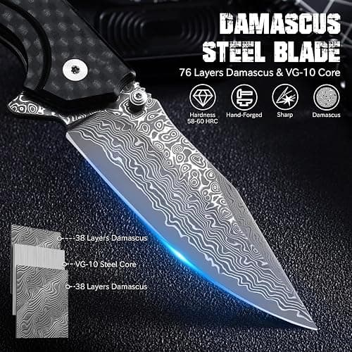 SECANOX Damascus Pocket Knife, 3.35" Sharp Damascus Steel Blade Folding Knives with G10 Handle, EDC Knifes for Men Camping Hiking thumbnail 3