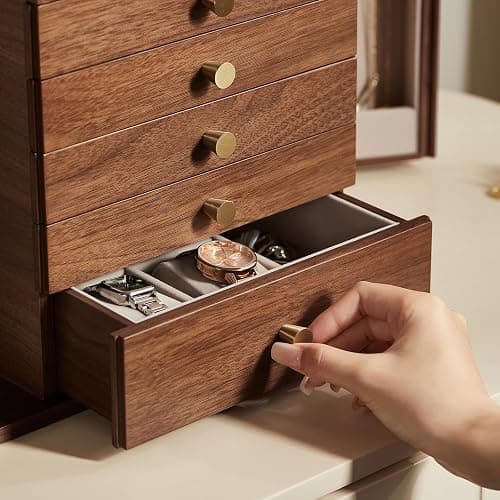 Homruilink Black Walnut Wooden Jewelry Box for Women, 6 Layer | Locking Large Wood Jewelry Organizer with 2 Side Doors & Mirror, For Watch Necklace Ring Earring, Velvet-Lined, Gift thumbnail 8