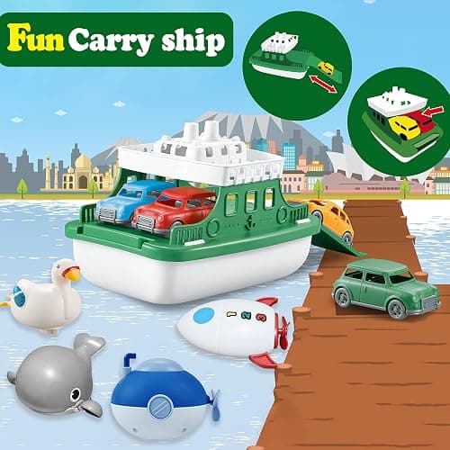 OKGIUGN Ferry Boat Toys Set with 4 Cars and 4 Wind Up Bath Swimming Toys, Kids Bath Toy Floating Vehicle Whales Submarines Swans Rockets, Bathtub Bathroom Pool Beach Toys for Toddlers Boys Girls Kids thumbnail 3
