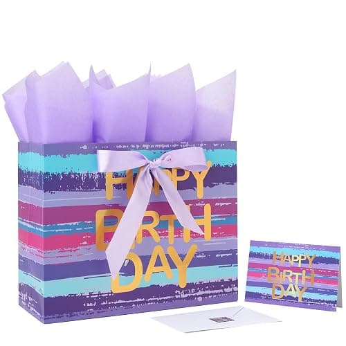 13" Large Purple-blue Multicolor Watercolor Gift Bag Set with Greeting Card and Lavender Tissue Papers (Gold Foil ‘Happy Birthday’) for Women's or Men's Birthday Party, Girls', Boys' or Kids' Party, - Image 1