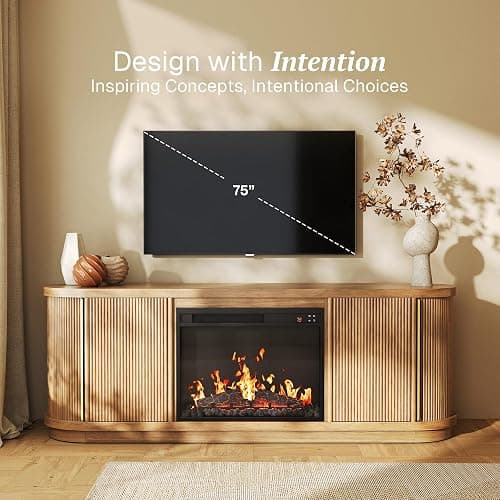 BELLEZE 67" Turin TV Stand with 23" Electric Fireplace Heater - Camel | Fluted Sliding Tambour Doors,For TV up to 75",Realistic Sound of Burning Matches thumbnail 3