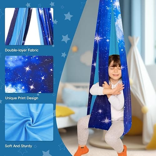 OUTREE Sensory Swing for Kids, Double Layer Therapy Hammock, Indoor Swing with 360° Swivel Hanger Kit and Adjustable Straps, Autism Sensory Product for Autism, ADHD (Blue Starry-Sky Printed) thumbnail 5