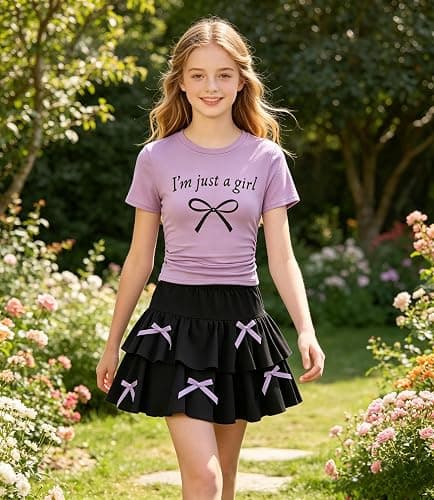 FJLSJSW Teenage Girls Skirt Set 2 Piece Short Sleeve Top Shirred Tiered Skirt Outfit Skirt for Teen Girls 7-13 Years thumbnail 2