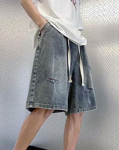 Sunidol Women's Y2K Star Denim Shorts Elastic Waist Summer Casual Loose Straight Baggy Jeans Shorts Jorts with Pockets thumbnail 2