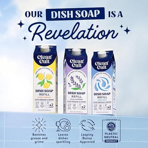 Cleancult Dish Soap Liquid Refills (32oz, 3 Pack) - Plant Based Cleaning Power - Dish Soap that Cuts Grease & Grime - Free of Harsh Chemicals - Uses 90% Less Plastic - Wild Lavender thumbnail 4