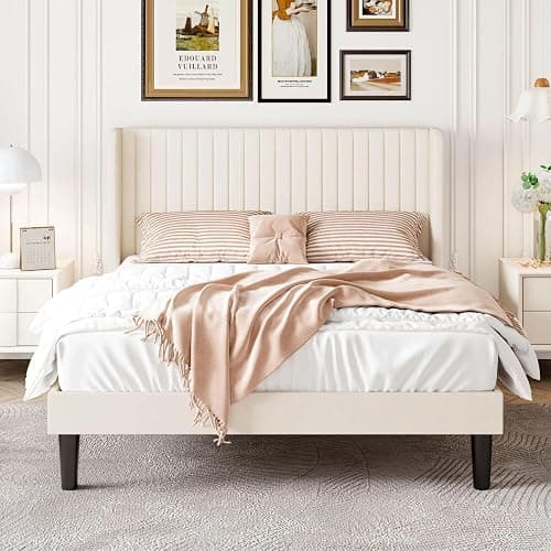 SHA CERLIN Queen Size Velvet Bed Frame, Tufted Wingback Headboard, Cream | 47'' Modern Vertical Channel Headboard, Upholstered Platform Bed, Wood Slats, No Box Spring Needed, Easy Assembly, Noise Free thumbnail 3