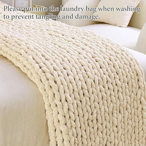 Chunky Knit Blanket Throw for Couch, 51"x63" Chunky Yarn Knitted Blankets | 100% Hand Knit Thick Chenille, Soft Breathable for Bed, Sofa, Home Decor, Cozy Gifts for Women Friends, Ivory thumbnail 8
