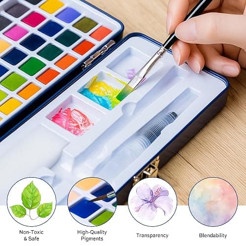 Finenolo 50 Colors Watercolor Paint Set with 8 Brushes (Water Brush + Detail Brushes), Mixing Palettes & Complete Accessories, Perfect for Beginners,Great for Outdoor Sketching, Painting Creation, Holiday Gifts thumbnail 5