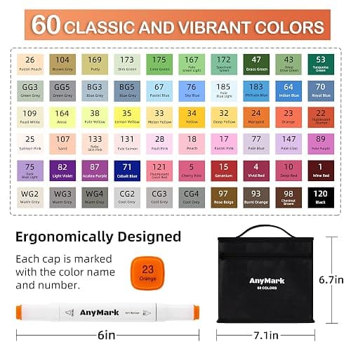 AnyMark Alcohol Markers, 60 Colors Dual Tip Art Coloring Markers Set for Kids Adult Book Drawing Sketching Painting, Chisel & Fine, White Penholder thumbnail 6