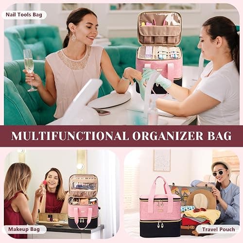 BAGMIND Nail Polish Organizer, Double Layer Nail Organizer and Storage Box Holds 42 Bottles & Nail Tech Kit Supplies, Large Capacity Nail Polish Organizer Case Carrying Bag thumbnail 6