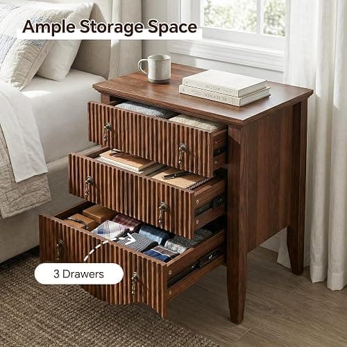 FUSUNBAO Nightstand with Charging Station, Vintage Bedside Table with 3 Fluted Drawers and Open Shelf, Rustic End Table with Power Outlet and USB Ports for Bedroom, Walnut thumbnail 6