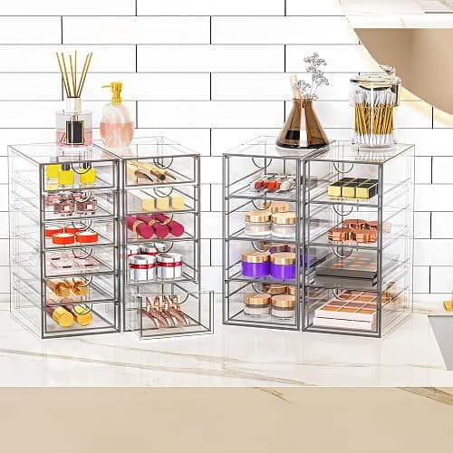 YFXCVSL Acrylic Makeup Organizer with 19 Drawers, 4 Pack Clear Storage Drawers, Bathroom Makeup Organizer for Palettes, Cosmetic, and Beauty Supplies,Ideal for Vanity, Cabinet,Desk Organization thumbnail 2