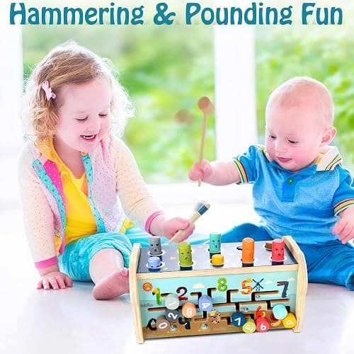 KIDWILL Montessori Pounding Toy for 1 2 Year Olds Wooden Hammering & Activity Board with Xylophone, Number Maze, Pounding Bench Educational Toddler Gift Toys Age 1-3 thumbnail 6