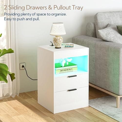 Yusong LED Nightstand Bedside Table with Charging Station 2 Drawers, White Modern Sofa Couch End Side Table with LED Lights and Pull-Out Shelf for Bedroom Living Room, Wooden thumbnail 7