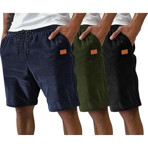 Neer 3 Pack Men's Corduroy Shorts Casual Elastic Waist Drawstring Lightweight Summer Beach Loose Fit Shorts with 3 Pockets - Image 1