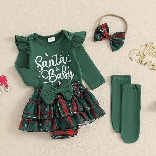 FYBITBO Newborn Baby Girl Christmas Outfits Cute Letter Romper Ruffle Plaid Skirt Dress Infant Christmas Outfit Clothes Set thumbnail 4