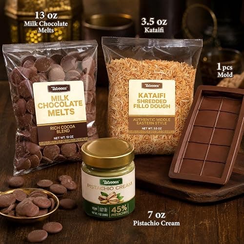 Dubai Chocolate Bar Kit - DIY Pistachio Chocolate Making Set with Kataifi, Pistachio Cream, Milk Chocolate Melts & Mold - Viral Middle Eastern Dessert Kit Gift Box (Makes 2 Bars) thumbnail 5