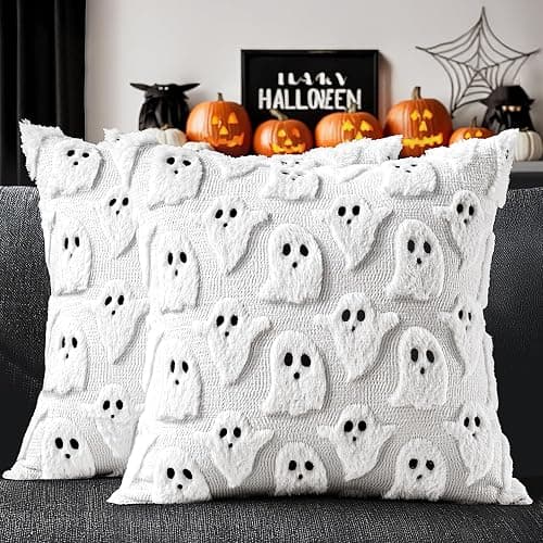 MIULEE White Halloween Pillow Covers Cute Ghost Decor Set of 2 18x18 | Soft Plush Faux Fur, Spooky Decor, Fall Decorative Throw Pillows for Couch Sofa Bed Porch Living Room - Image 1