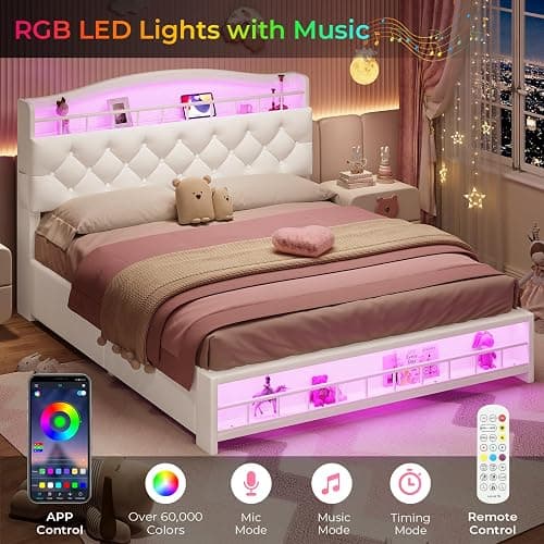 BTHFST Full Bed Frame with Storage Headboard & 4 Drawers, Girl Upholstered Storage Bed with LED Lights & Charging Station, No Box Spring Needed, Easy Assembly, Beige thumbnail 5