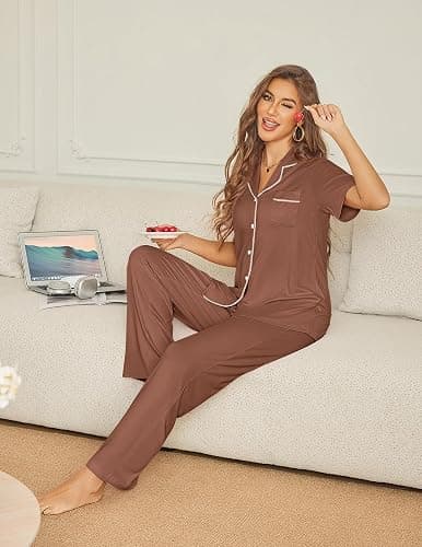 Ekouaer Womens Pajama Sets Button Down Lounge Sets 2 Piece Short Sleeve Pjs | Soft Comfy Loungewear,Sleepwear,Gift for Bridal Party,Wedding,Honeymoon,Postpartum,Summer thumbnail 4