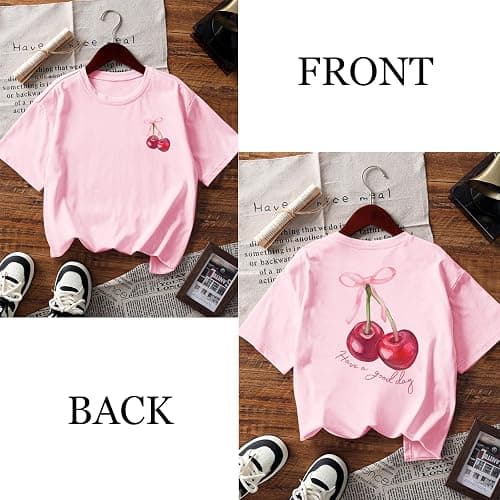 BINTEHGS Girls Cute Graphic Tees Kids Bow Cherry Shirt Aesthetic Short Sleeve T Shirts Casual Summer Crew Neck Top Clothes thumbnail 7