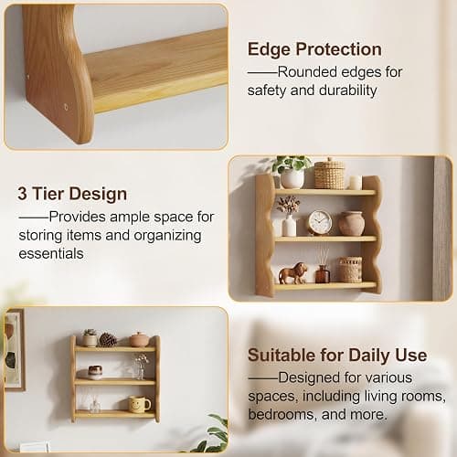 ZUJJAFY Wall Shelf, 3 Tier Hanging Shelves for Room Wall Decor, Wood Trinket Shelf Display for Living Room, Bedroom thumbnail 4