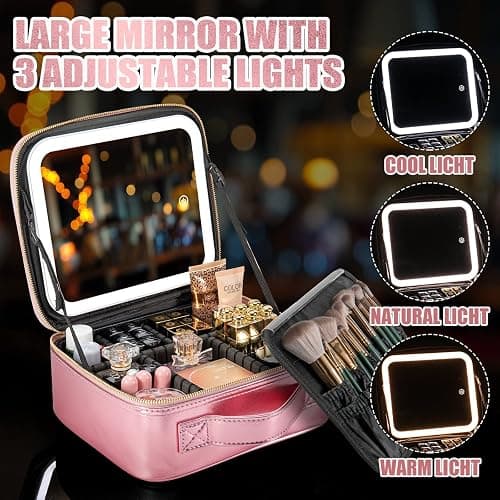 Extrei Gent Makeup Travel Train Case with Mirror LED Light 3 Adjustable Brightness Large Cosmetic Bag Portable Storage Adjustable Partition Waterproof Makeup Brushes Make up Jewelry Gift for Women - Roses thumbnail 5