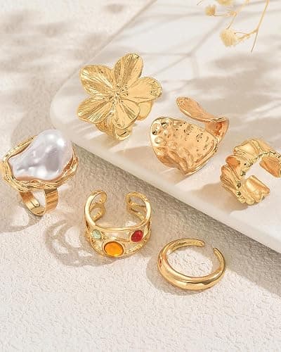 WGCHAIE Goldene Ringe Set, 6 Stück Set Retro Metall Blumen & Kristallringe, Vintage Knöchelringe mit Blumen, Perlen und Kristallen, für Damen Alltagsoutfit, Feiern, Partys thumbnail 4