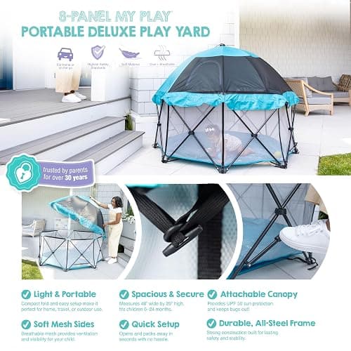 Regalo Safety My Play Deluxe Extra Large Baby Playpen & Portable Play Yard with Canopy, Foldable 8-Panel Indoor Outdoor Playpen for Babies & Toddlers, Mesh Sides, Washable Nylon Bottom, 62", Aqua thumbnail 6