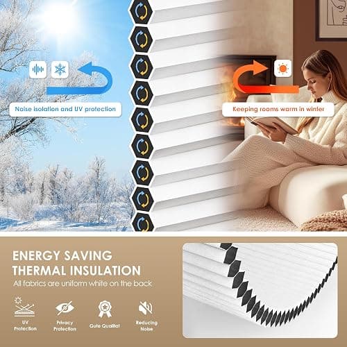 LazBlinds No Tools No Drill Cordless Cellular Shades, Blackout Light Blocking Honeycomb Shades for Home, Thermal Insulation Blinds for Windows, 19" W x 36" H, White thumbnail 4