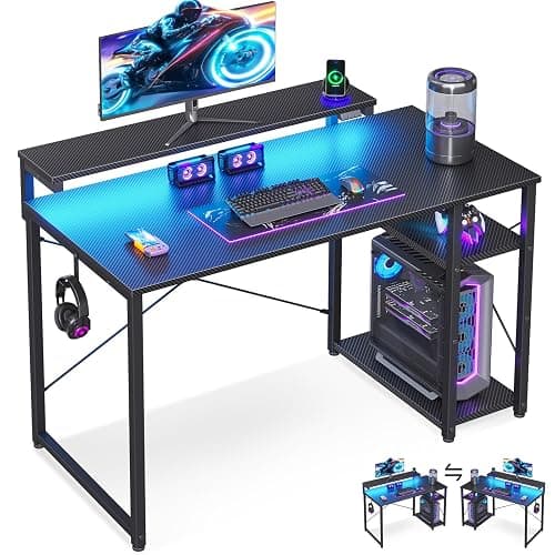 MOTPK 40 Inch Small Gaming Desk with Storage & Led Lights, Computer Desk with Shelf, Reversible Gamer Desk with Adjustable Monitor Stand, Carbon Fiber Texture Black - Image 1