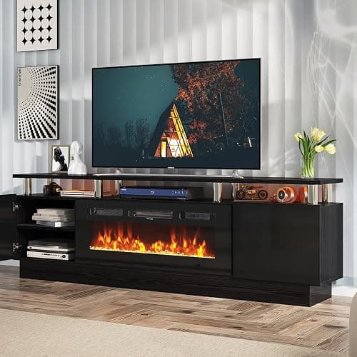 oneinmil 2 Tier TV Console Stand with 36" Electric Fireplace, LED Light Entertainment Center for TVs Up to 80" for The Living Room, 70", Black thumbnail 3