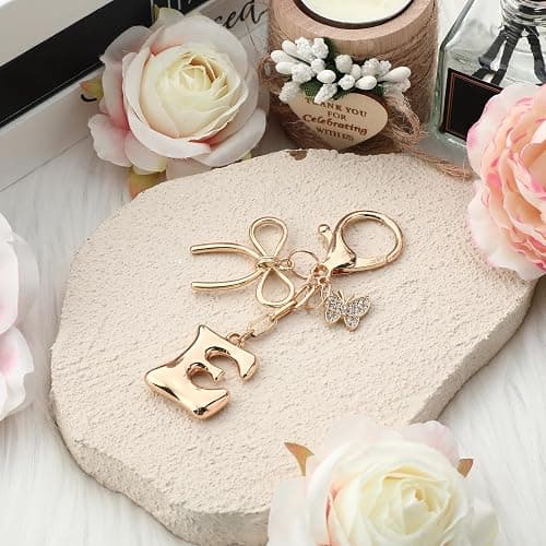 Sylixonae Bubble Initial Keychain with Bow & Butterfly - Gold Letter Bag Charms for Women, Cute Purse Handbag Accessories thumbnail 3