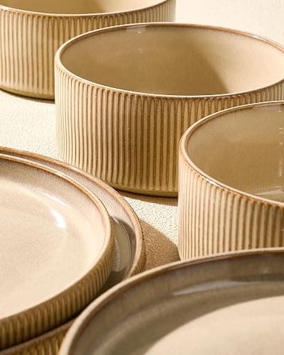Stoneware Dinnerware Sets, Handcrafted Double Reactive Glaze Plates and Bowls for Everyday & Formal Dining, Microwave & Dishwasher Safe, Scratch Resistant Dishes Service for 4 (12-Piece), Cream thumbnail 6