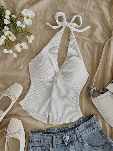 QJQ Women's Halter Tops Twist Front Slit Backless Cute Summer V Neck Tank Top Vacation Outfits 2025 thumbnail 3