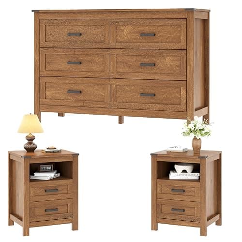 EazeHome 3 Piece Bedroom Set - Includes 6 Drawer Dresser for Bedroom, Set of 2 Nightstands with Open Storage Shelf and Drawers, Retro Dresser and Nightstand Sets, Rustic Brown thumbnail 8