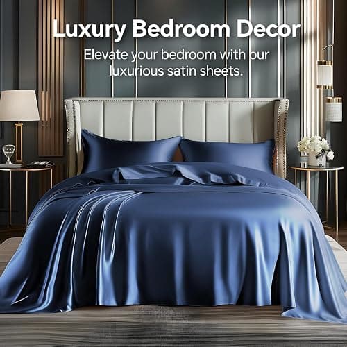 BEDELITE Satin Sheets Queen Size Bed Set, Luxury Soft Navy Silky Sheets for Hair and Skin, Similar to Silk Bed Sheets Set 4 Pieces （1 Deep Pocket Fitted Sheet, 1 Flat Sheet, and 2 Pillowcases） thumbnail 2