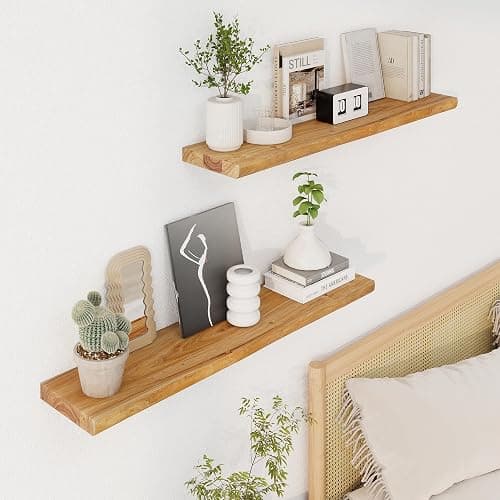 Axeman 36 inch Floating Shelves for Wall - 8'' D Live Edge Rustic Solid Elm Wood Floating Shelves Wall Mounted, Wall Shelves with Invisible Bracket for Living Room Bedroom Kitchen, Set of 2 Natural thumbnail 2
