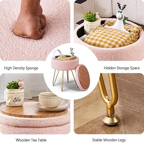 Wimarsbon Storage Ottoman,Teddy Velvet Vanity Stool,Soft Padded Seat,Round Footrest with Removable Cover and Adjustable Legs,Modern Decorative Accent Footstool or End Table for Hallway (Pink) thumbnail 4