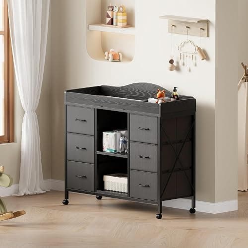 Yetom Changing Table, 6-Drawer Baby Dresser with Changing Table top,Waterproof Diaper Changing Station & Pad, 2 Height-Adjustable Open Storage Shelves, Mobile Nursery Organizer, Black thumbnail 8