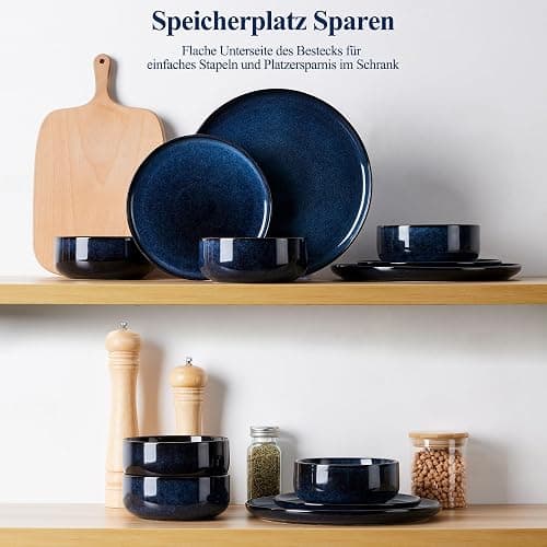 Joyfair Geschirrset 6 Personen, 18-tlg Steinzeug Tafelservice Set, Kratzfest Reaktive Glasur Geschirr Set mit Speiseteller, Dessertteller, Müslischalen, Mikrowellen- & Spülmaschinenfest, Tiefsee Blau thumbnail 7