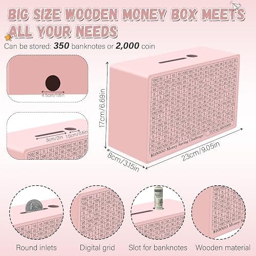 Wooden Money Saving Box, Cash Vault Savings Box for $10000 $5000 $3000 $1000 $800 $500 Target Money Saving Challenge, Reusable Money Box with Counter, Dry Erase Pen/Savings Trackers/Rubber Band-Pink thumbnail 3