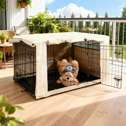 HiCaptain 30-Inch Dog Crate Cover with Mesh, Waterproof Kennel Cover, Beige | Breathable mesh, dual zip panels and durable fabric resist wind rain and UV rays; fits 30 x 19 x 21-inch crates; cover only - Image 1