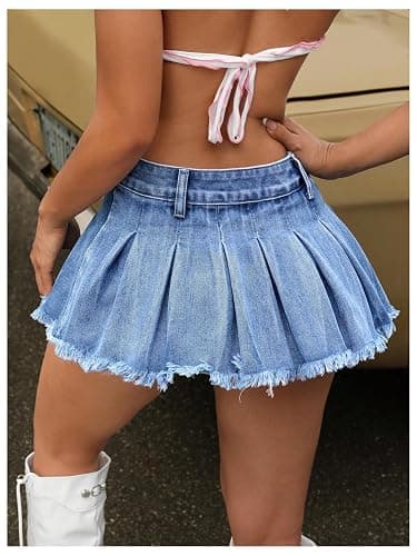 BEAUDRM Women's Y2K Low Waist Pleated Denim Skirt Zipper Raw Hem Mini Skirt Casual Ruffle Jean Skirt thumbnail 2
