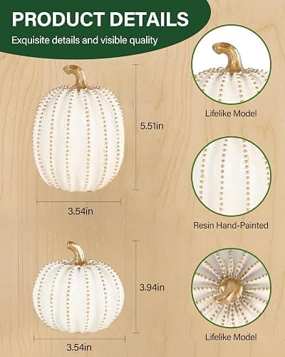 GoGnome Set of 2 White & Gold Decorative Pumpkins – Resin Fall Harvest Table Centerpiece, Elegant Autumn Décor for Thanksgiving Decoration Farmhouse Home (White) thumbnail 3